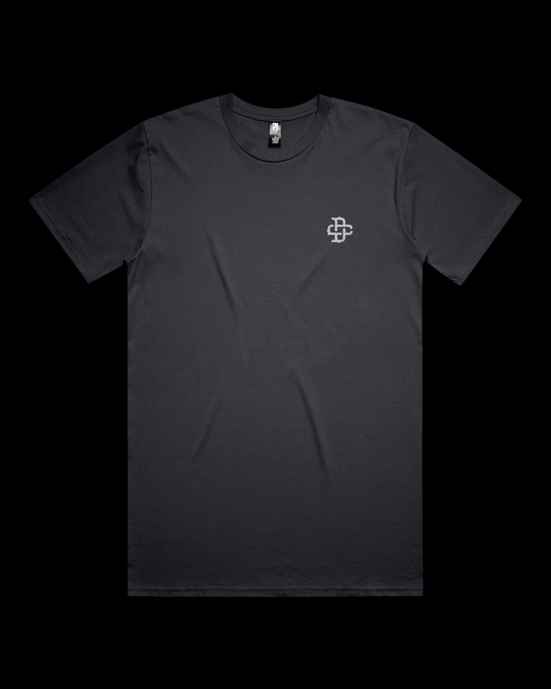 ink blue t-shirt with a white embroidered monogram logo on left chest 