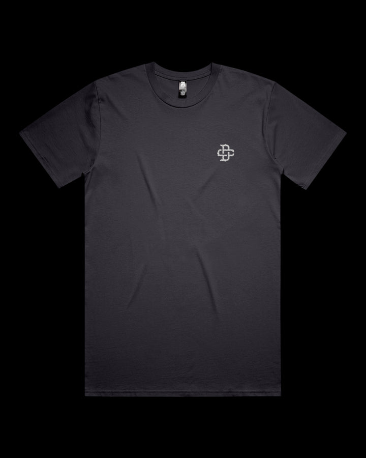 ink blue t-shirt with a white embroidered monogram logo on left chest 