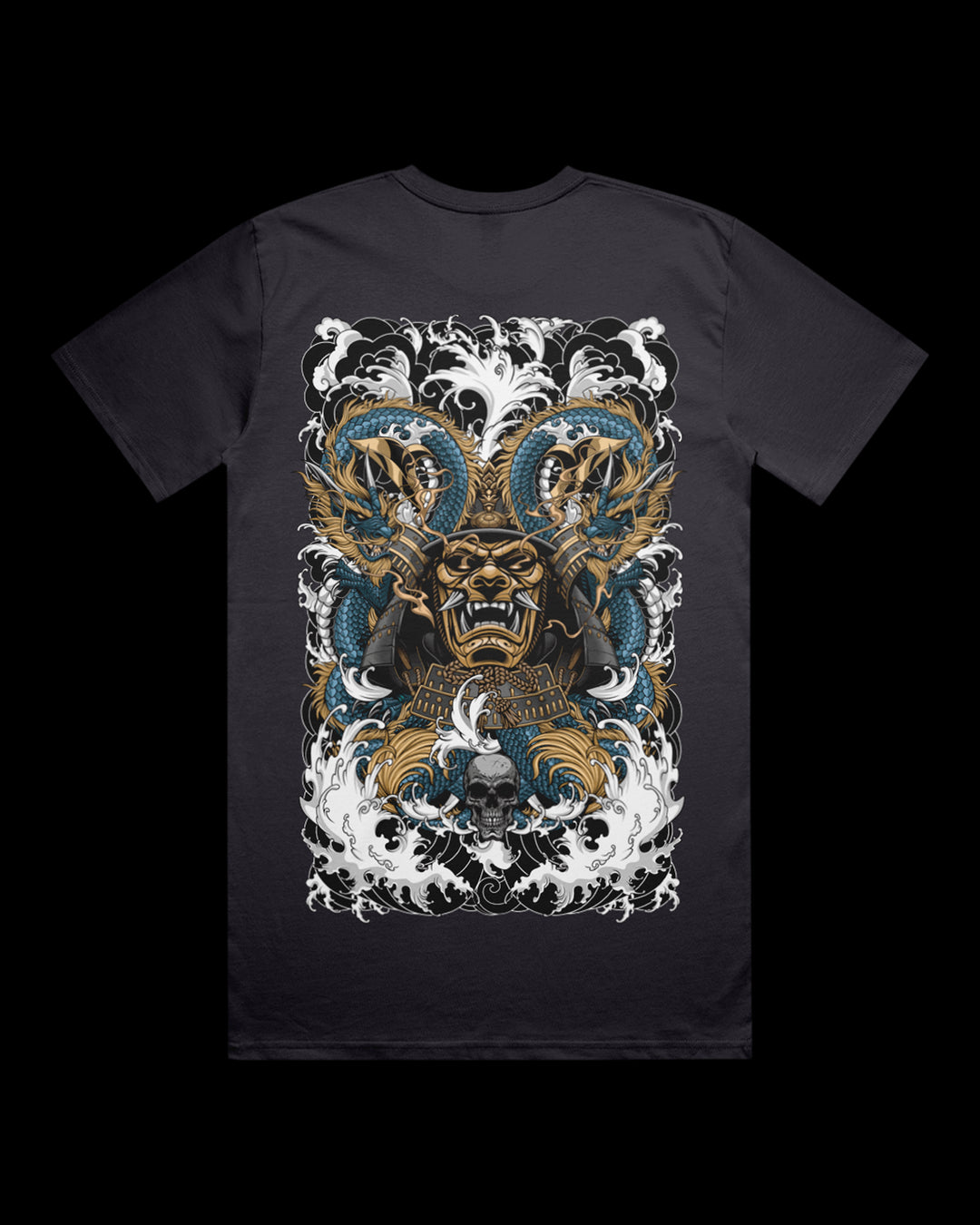 ink blue Graphic t-shirt with dragons and samura design