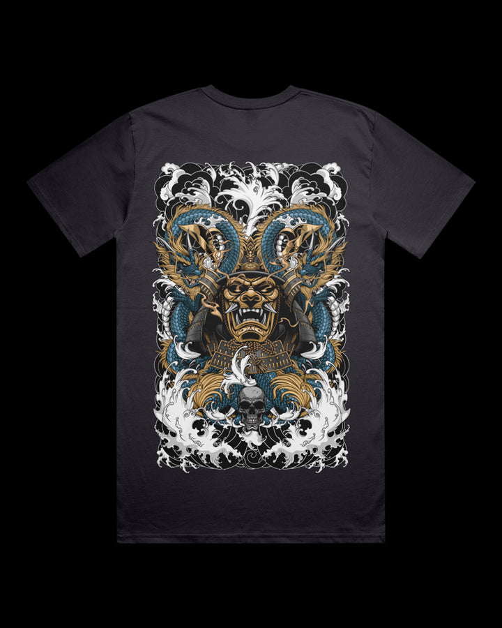 ink blue Graphic t-shirt with dragons and samura design