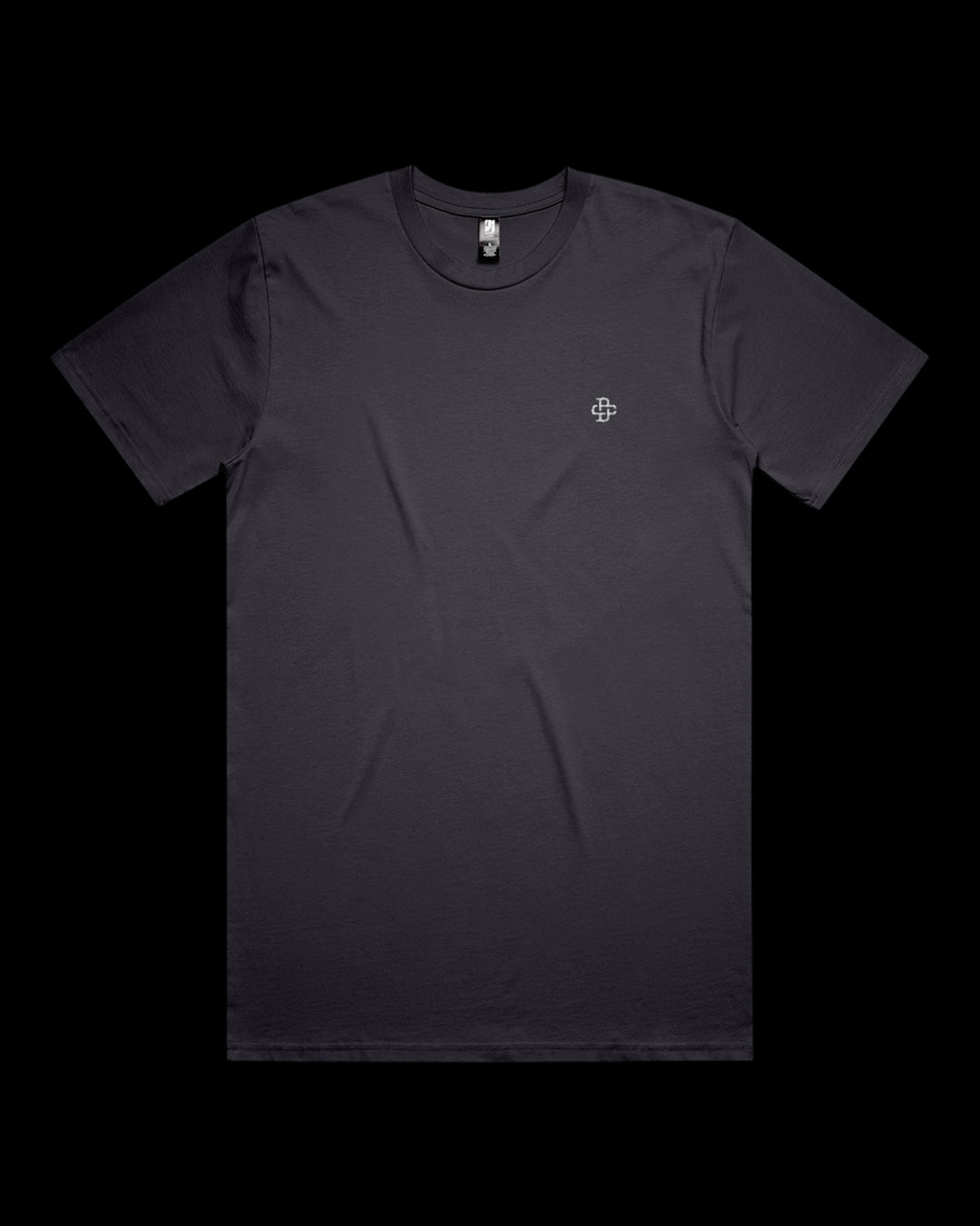 ink blue relaxed t-shirt with a small logo on a black background