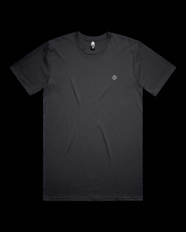 ink blue relaxed t-shirt with a small logo on a black background