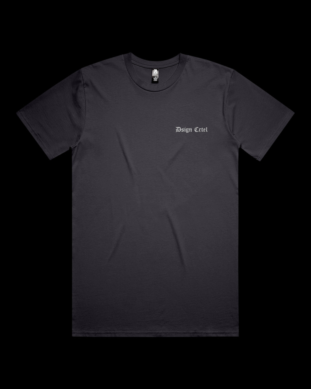 ink blue t-shirt with a small white logo on a black background