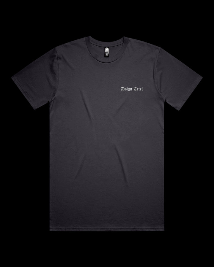 ink blue t-shirt with a small white logo on a black background