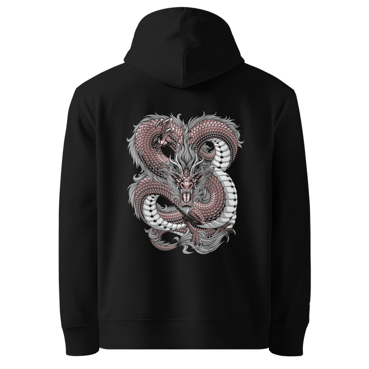 Black Intricate Knots Dragon Graphic Hoodie featuring a coiling dragon forming knot-like patterns in the back print.
