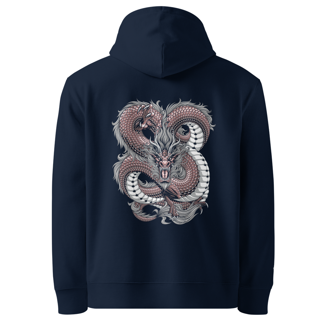 French Navy Intricate Knots Dragon Graphic Hoodie featuring a coiling dragon forming knot-like patterns in the back print.