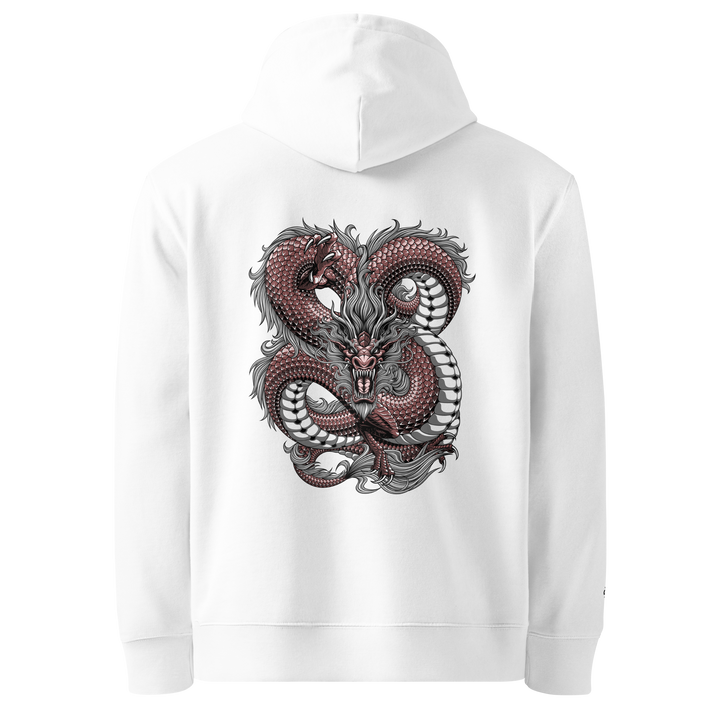 White Intricate Knots Dragon Graphic Hoodie featuring a coiling dragon forming knot-like patterns in the back print.