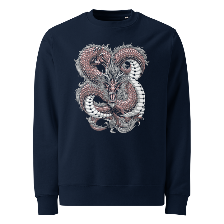 French Navy Intricate Knots Dragon Graphic Sweatshirt featuring a dragon coiled into intricate knot patterns, inspired by Japanese Irezumi tattoo art