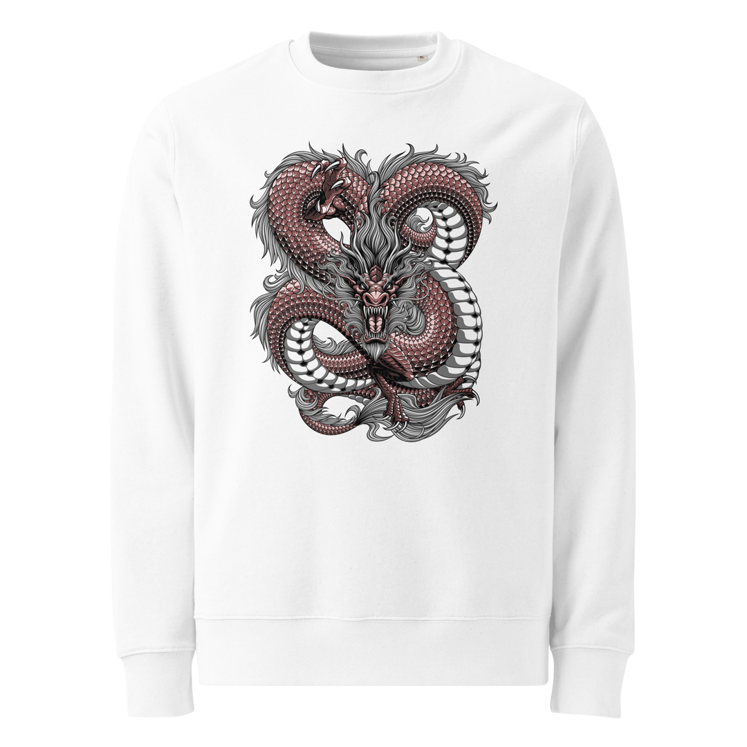 White Intricate Knots Dragon Graphic Sweatshirt with a coiled dragon and intricate knot details, inspired by Japanese tattoo art