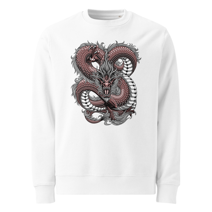 White Intricate Knots Dragon Graphic Sweatshirt with a coiled dragon and intricate knot details, inspired by Japanese tattoo art