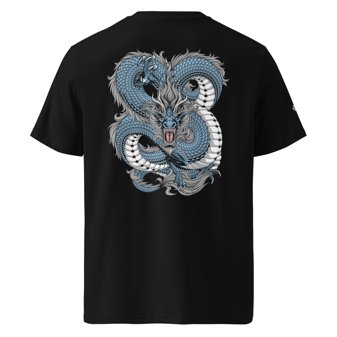 Black Intricate Knots Dragon Graphic Tee featuring a detailed back print of a coiled dragon, inspired by Japanese Irezumi tattoo art