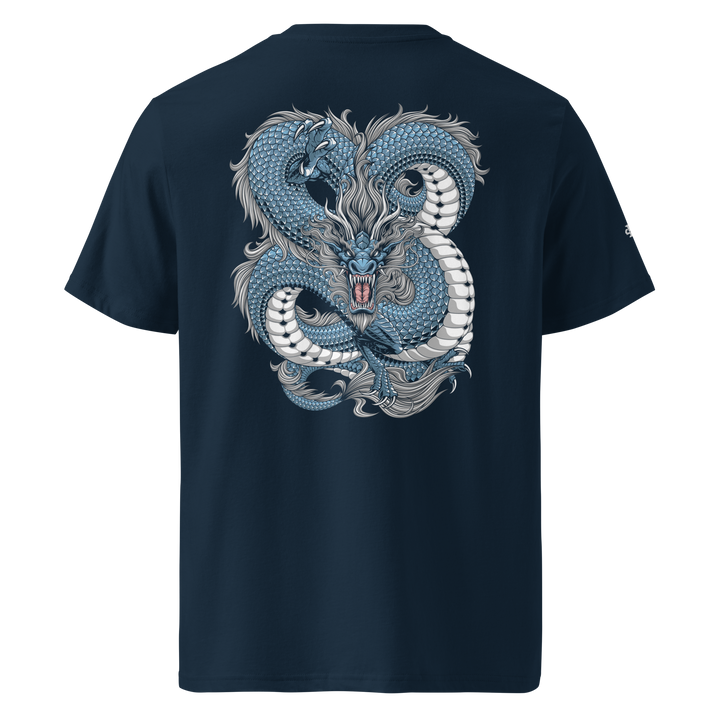 French Navy Intricate Knots Dragon Graphic Tee featuring a back print of a dragon coiled into intricate knots, perfect for streetwear lovers