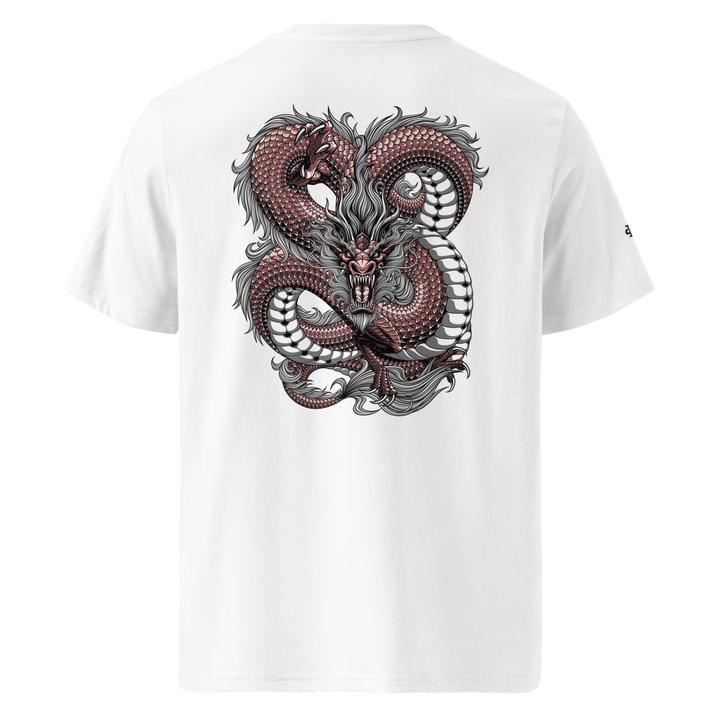 White Intricate Knots Dragon Graphic Tee with a back print of a coiled dragon, blending Japanese tattoo art with modern streetwear fashion