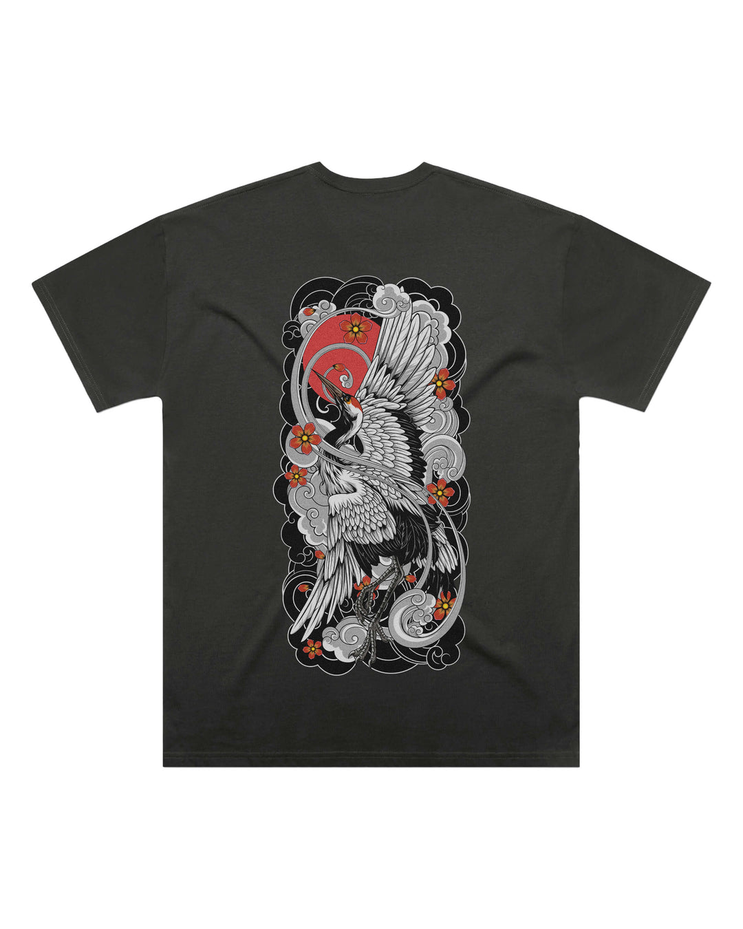 Oversized-fit t-shirt, Irezumi Crane print - Coal