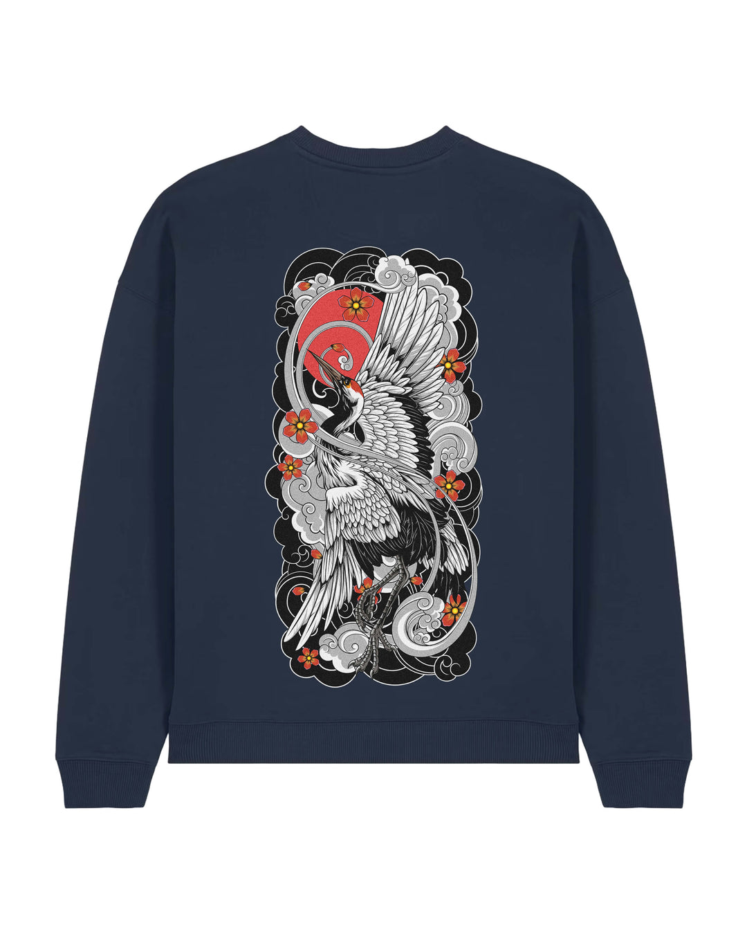 Oversized crewneck sweatshirt, Irezumi Crane print - French Navy