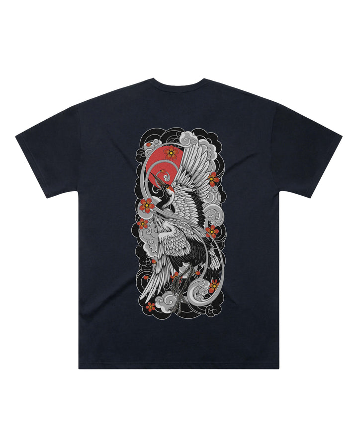 Oversized-fit t-shirt, Irezumi Crane print - Navy