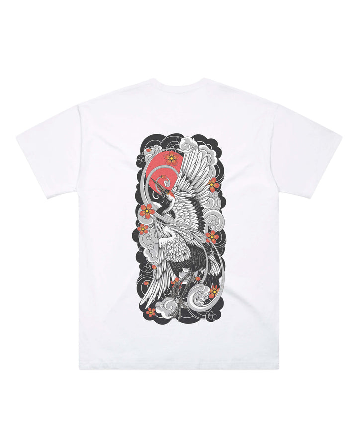 Oversized-fit t-shirt, Irezumi Crane print - White