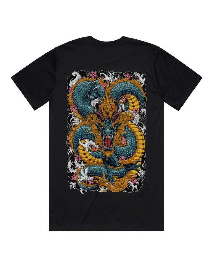Black graphic t-shirt with irezumi inspired large dragon back print