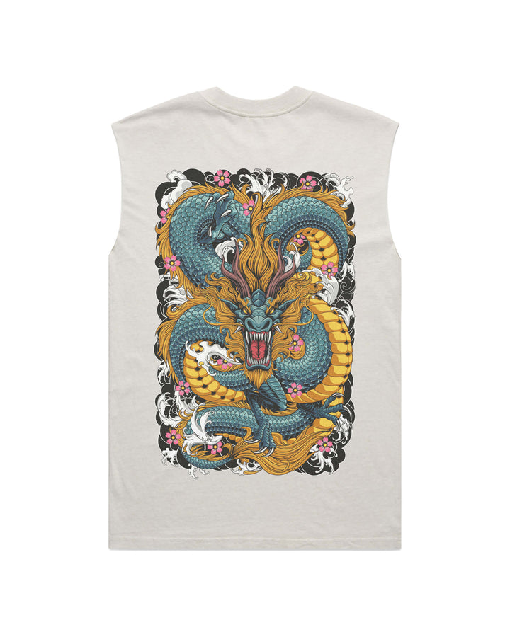 Irezumi Dragon men’s faded bone graphic tank top features original in-house artwork inspired by irezumi influence. The design combines dragon, flowers and waves, drawing from Japanese tattoo art, folklore and traditional illustration.