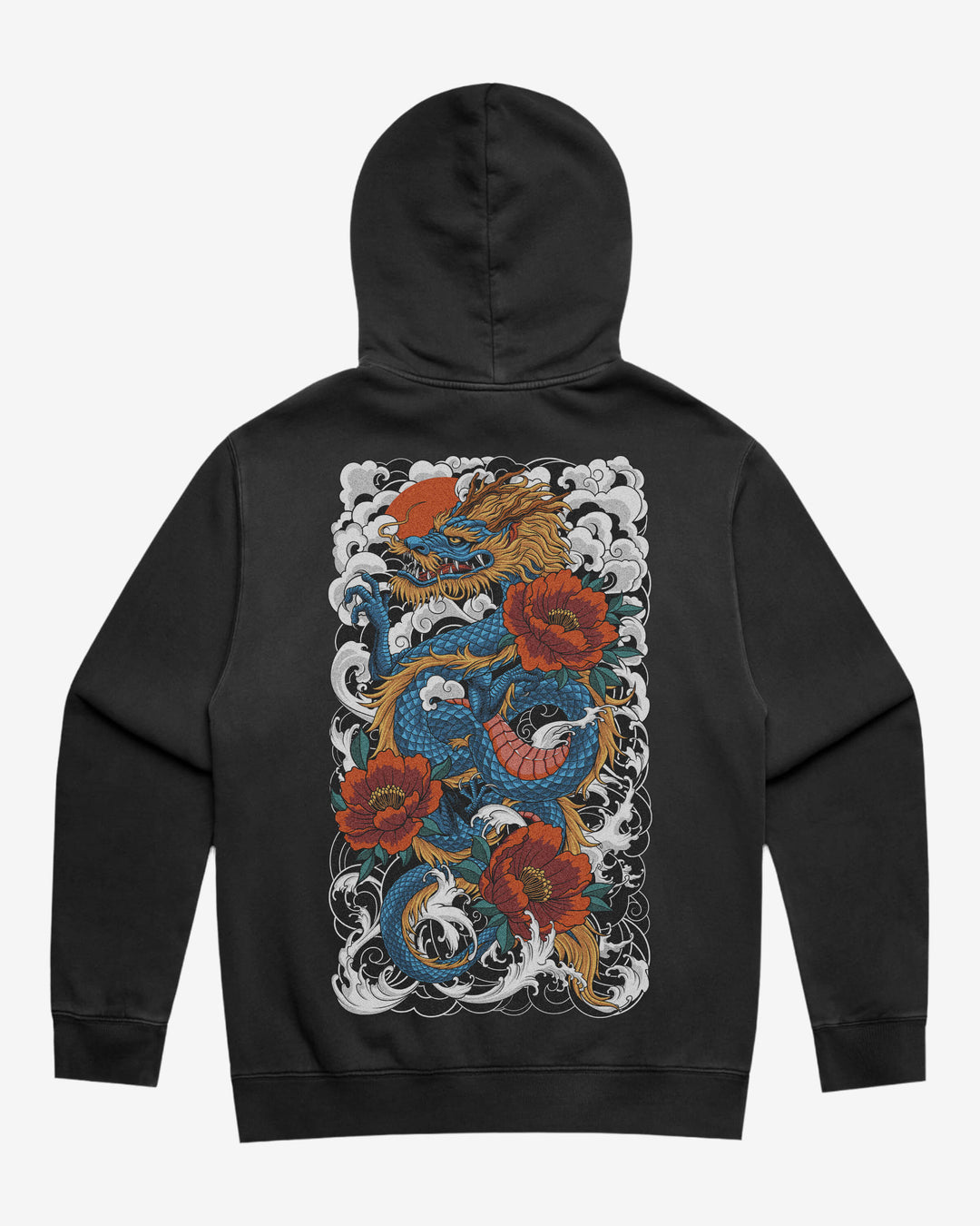 Faded tattoo hoodie with a large traditional dragon back print, 320GSM relaxed fit and washed finish.