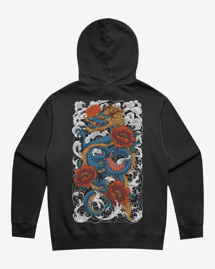 Faded tattoo hoodie with a large traditional dragon back print, 320GSM relaxed fit and washed finish.
