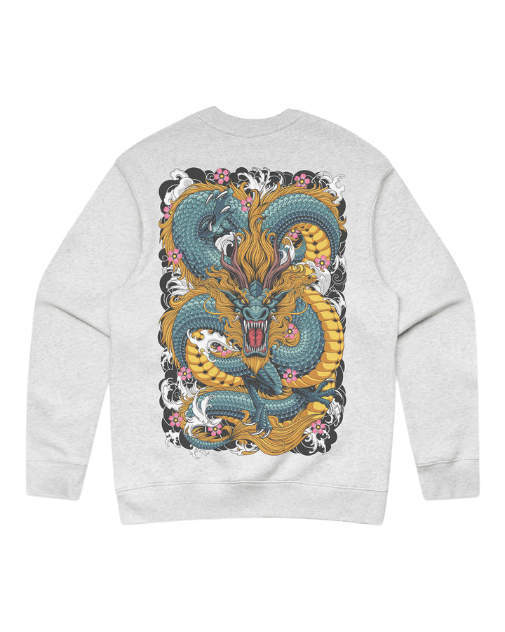 White heather graphic sweatshirt featuring original in-house dragon artwork inspired by irezumi, Japanese tattoo composition and traditional illustration.