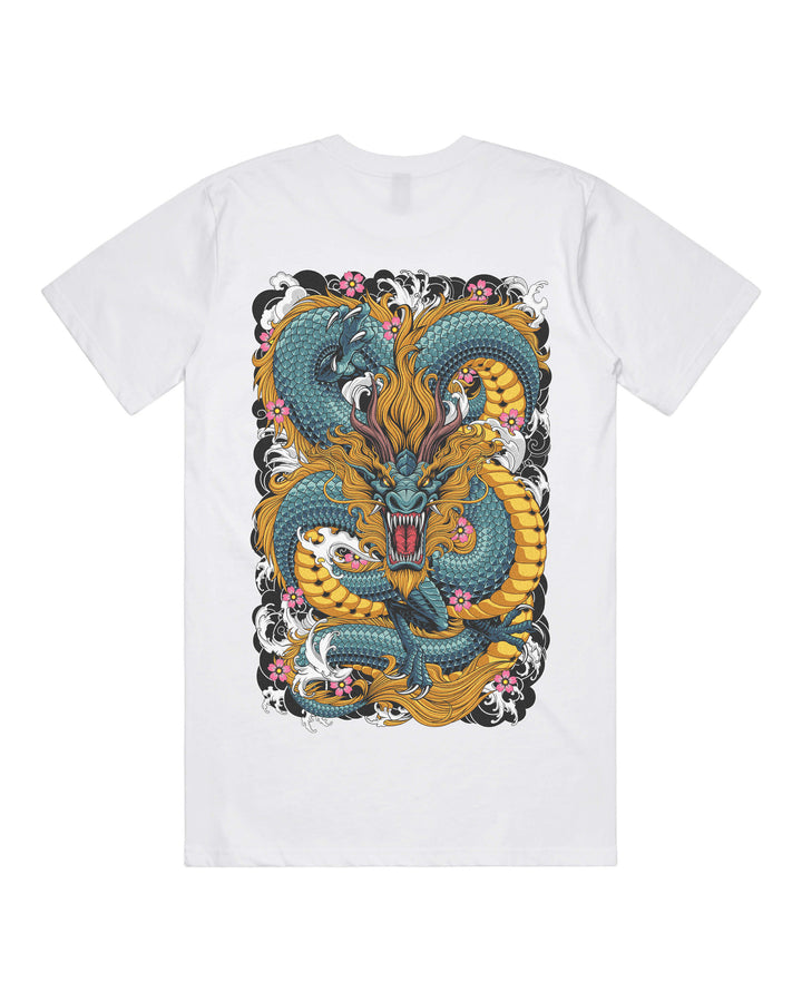 White graphic t-shirt with irezumi inspired large dragon back print