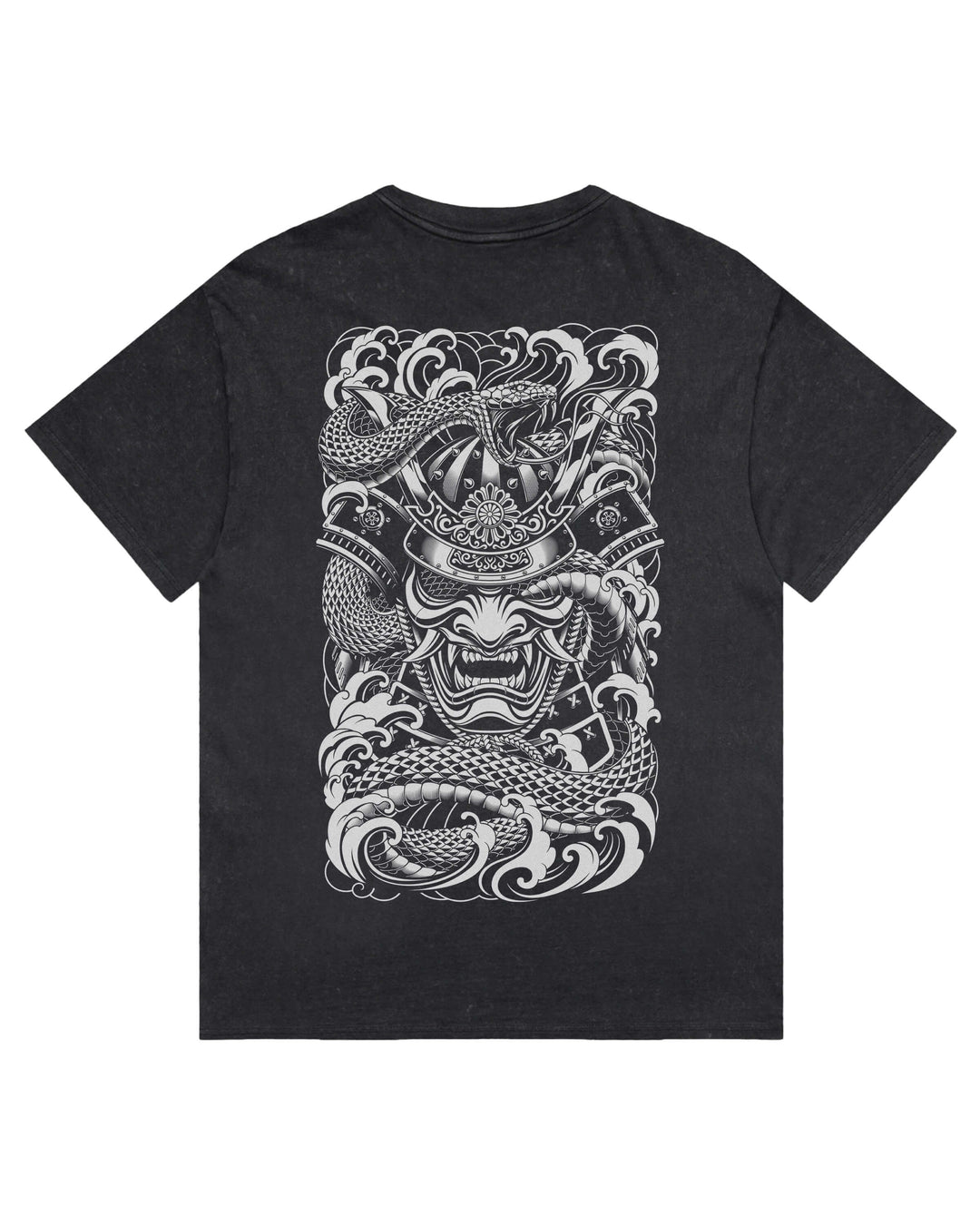 A black short-sleeve stonewash t-shirt with a large white graphic print of a Japanese samurai and snake amidst waves.