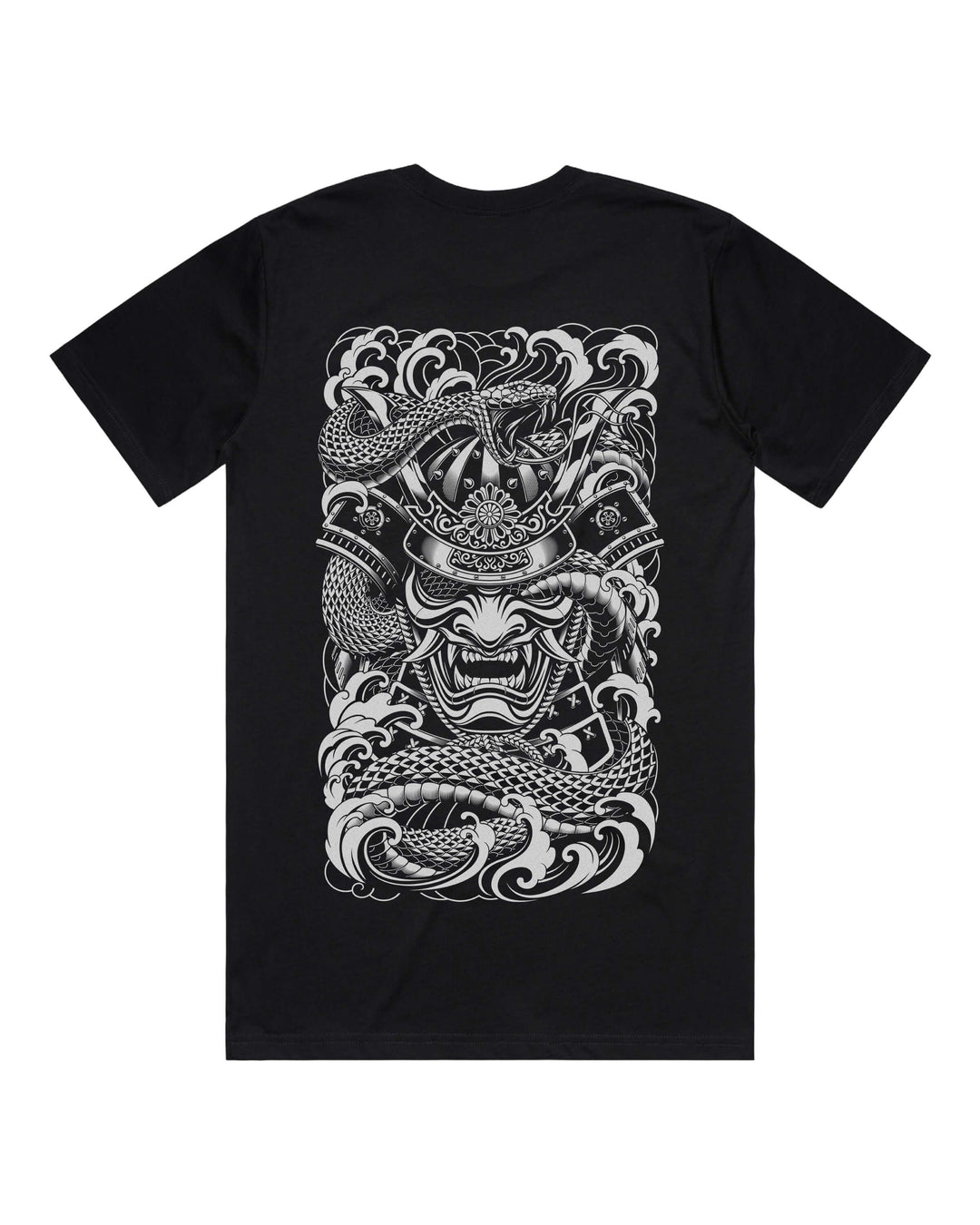 Black graphic t-shirt with large irezumi inspired samurai and coiled snake back print