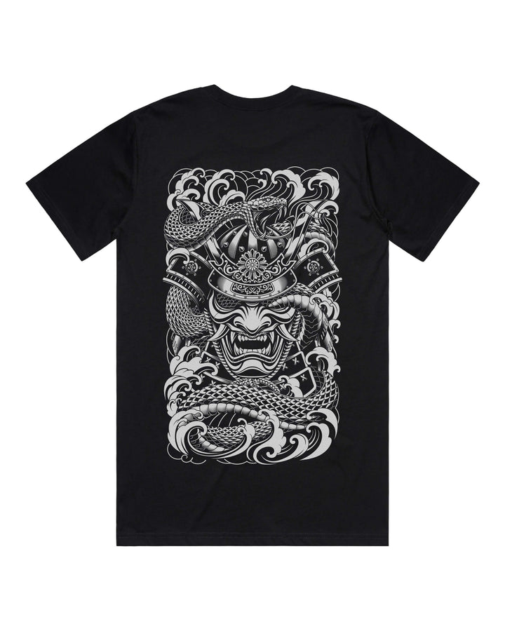 Black graphic t-shirt with large irezumi inspired samurai and coiled snake back print