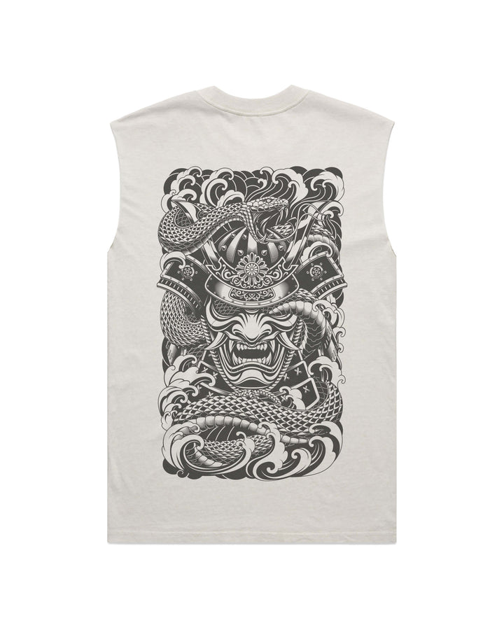 Irezumi Samurai men’s faded bone graphic tank top features original in-house artwork inspired by irezumi influence. The design combines samurai, snake and waves, drawing from Japanese tattoo art, folklore and traditional illustration.