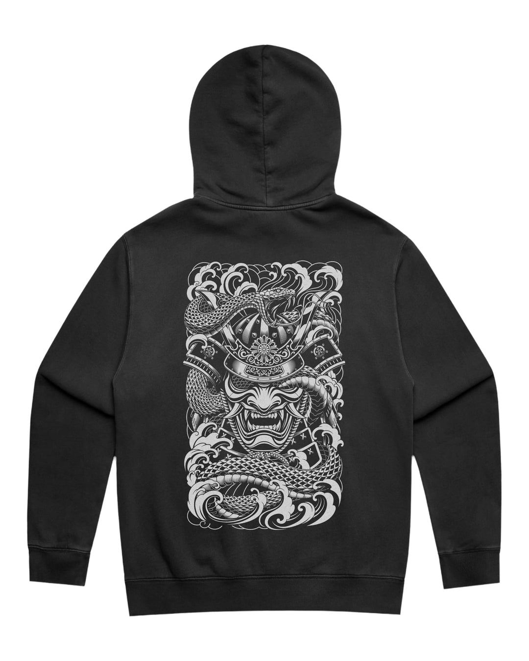 Faded black hoodie with in-house created irezumi samurai & snake back print artwork