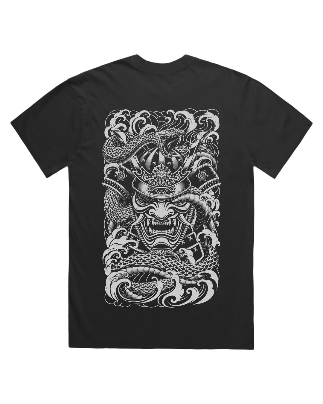 Faded black t-shirt large irezumi samurai & coiling snake back print