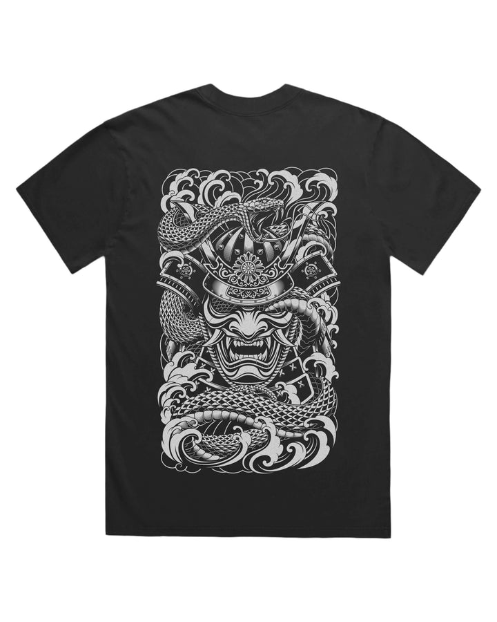 Faded black t-shirt large irezumi samurai & coiling snake back print