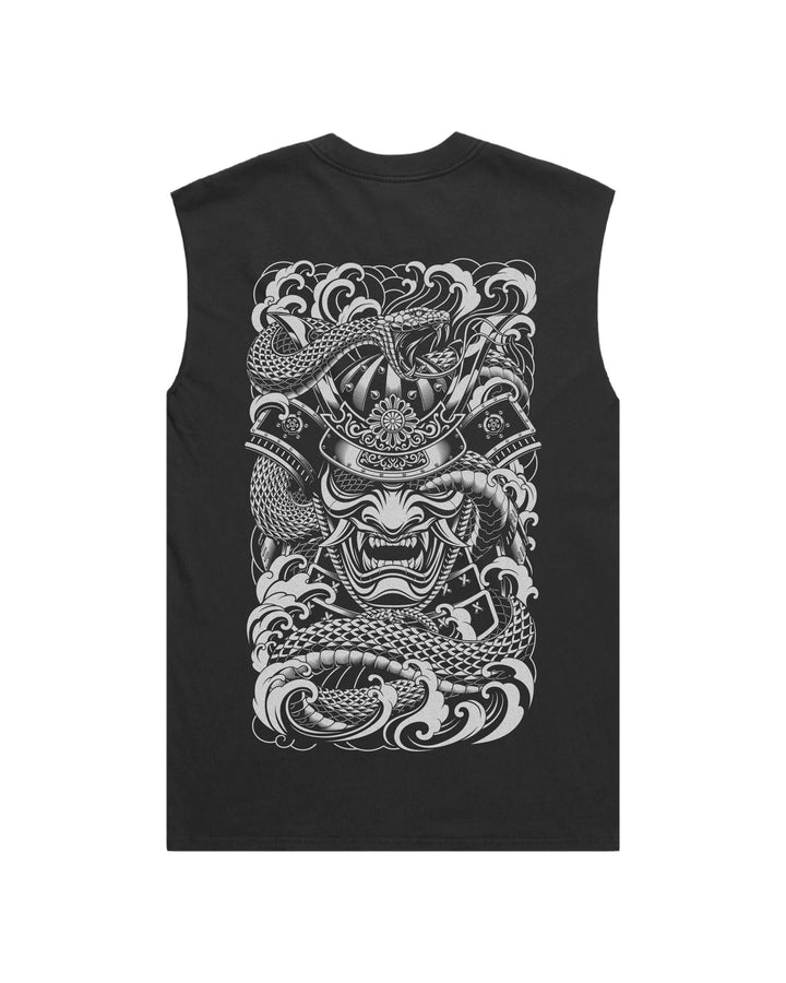 Faded black tank top with irezumi samurai and snake print