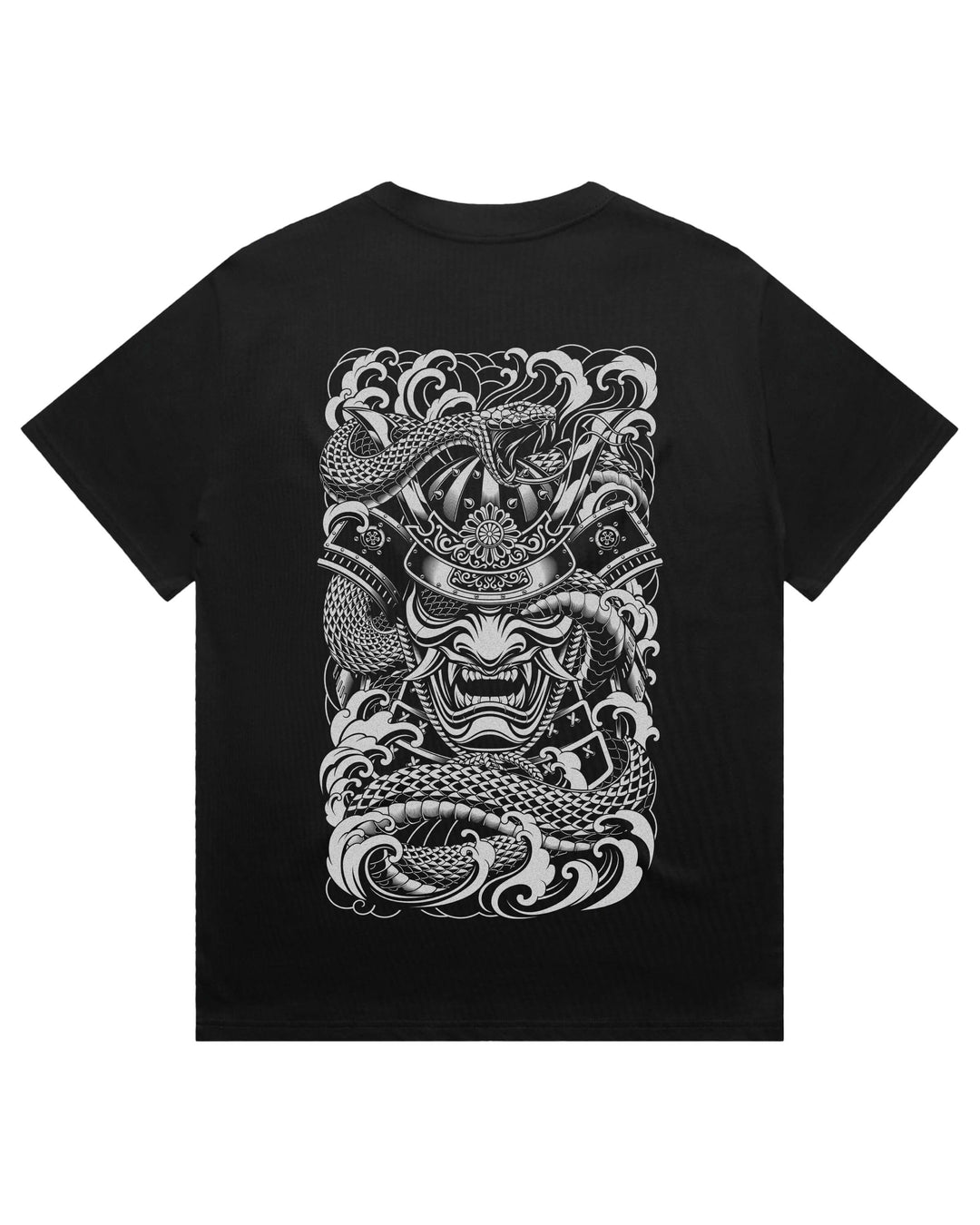 Oversized black t-shirt featuring a irezumi inspired samurai and snake print