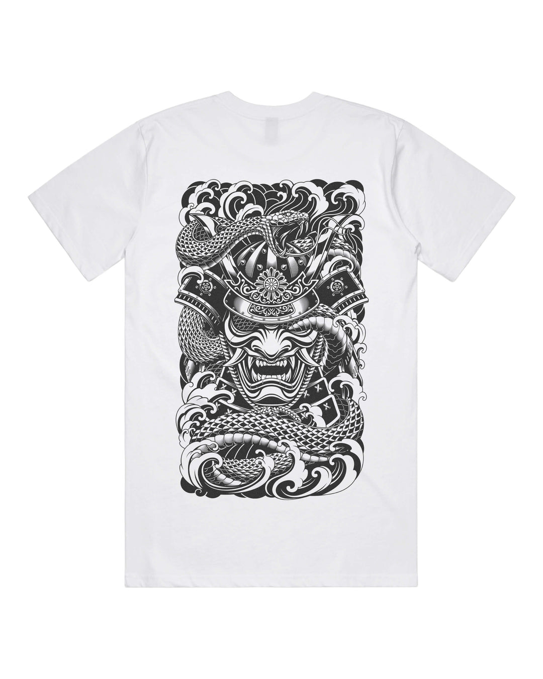 White graphic t-shirt with large irezumi inspired samurai and coiled snake back print