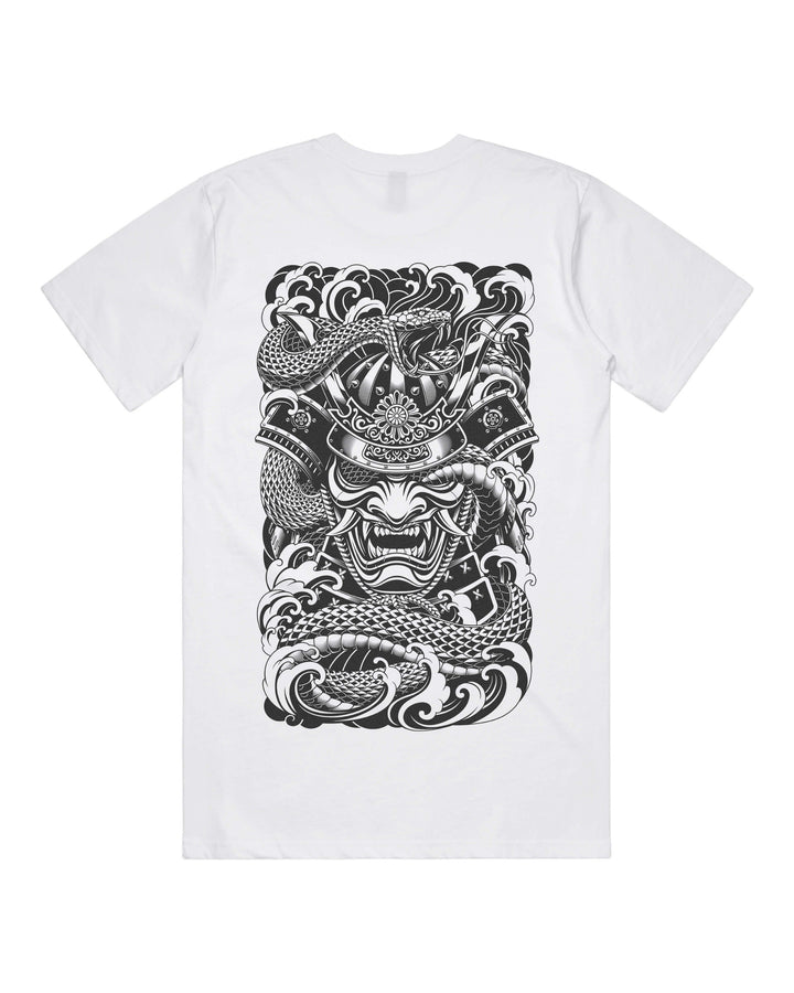 White graphic t-shirt with large irezumi inspired samurai and coiled snake back print