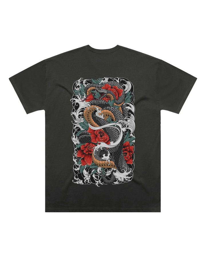 Oversized-fit t-shirt, Irezumi Snake print - Coal