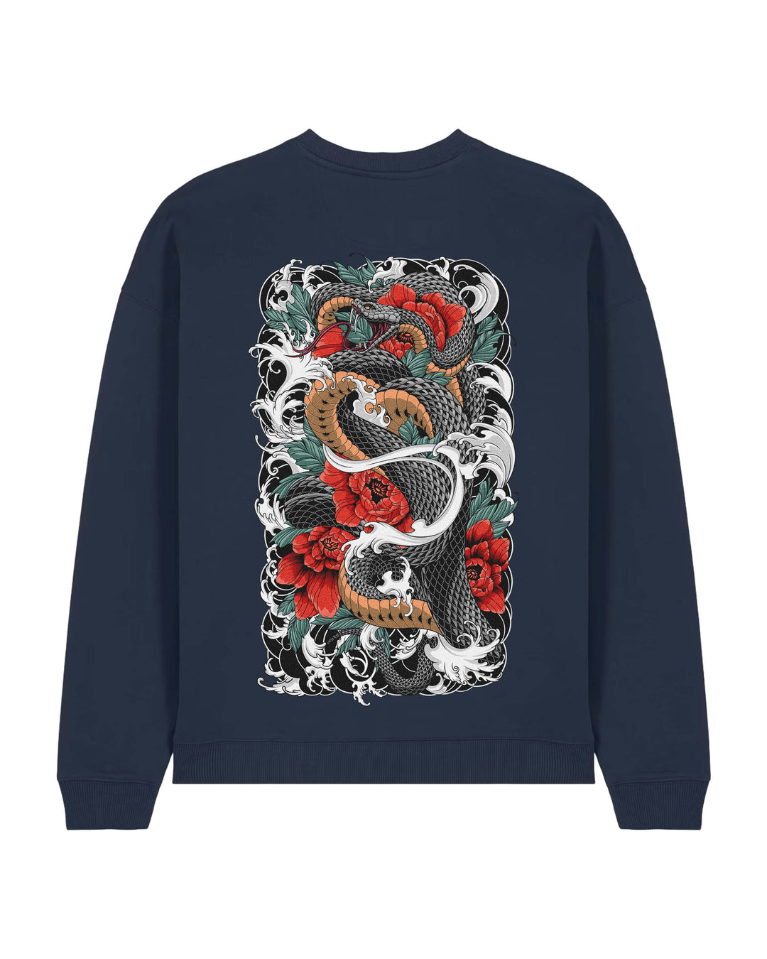 Oversized crewneck sweatshirt, Irezumi Snake print - French Navy