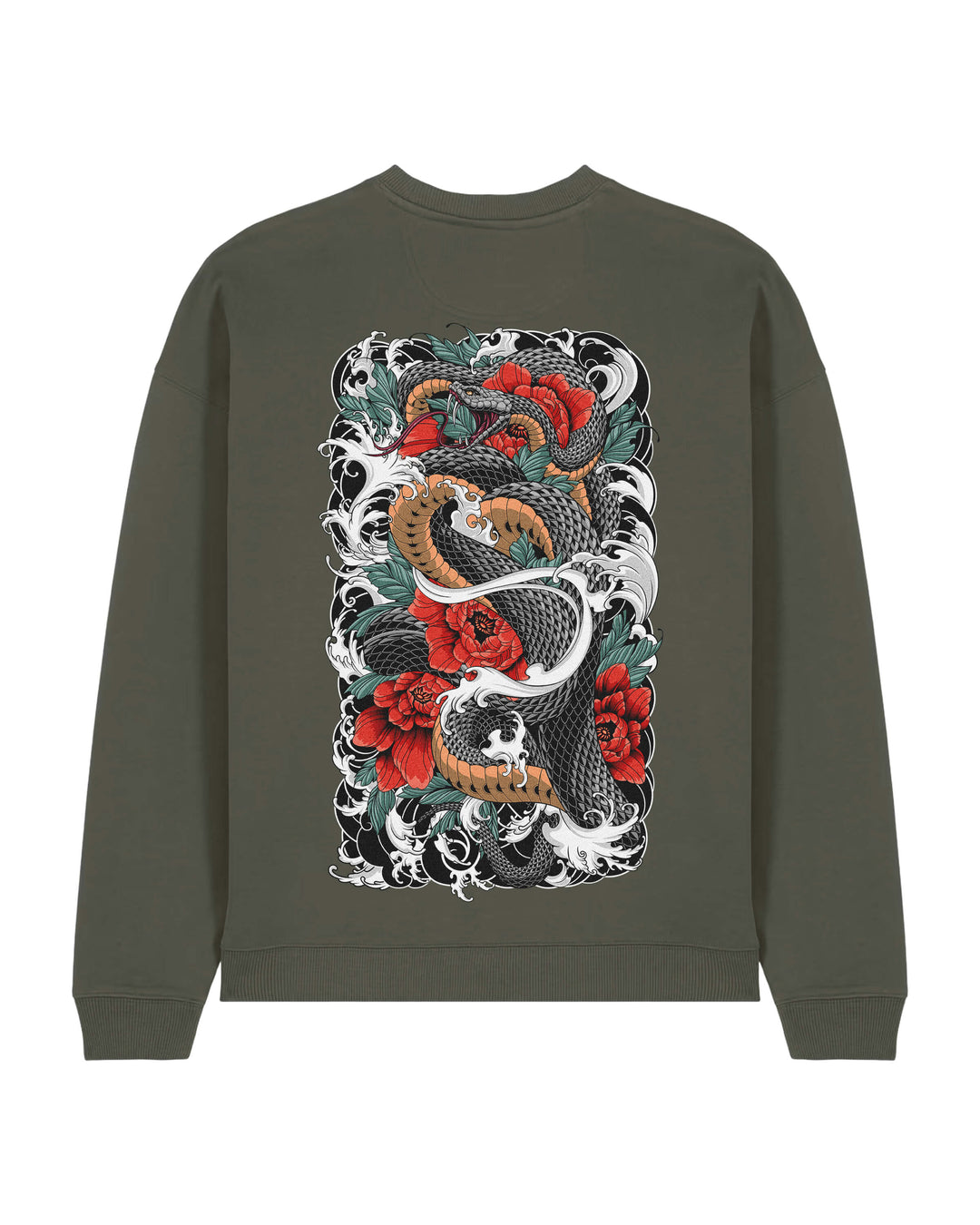Oversized crewneck sweatshirt, Irezumi Snake print - Khaki