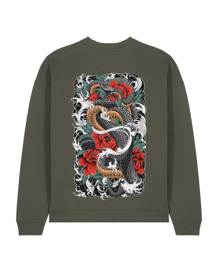 Oversized crewneck sweatshirt, Irezumi Snake print - Khaki
