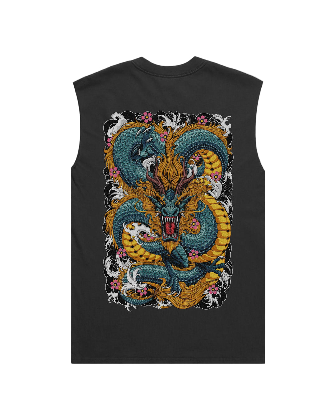 black tank top with large irezumi dragon dtg print on the back