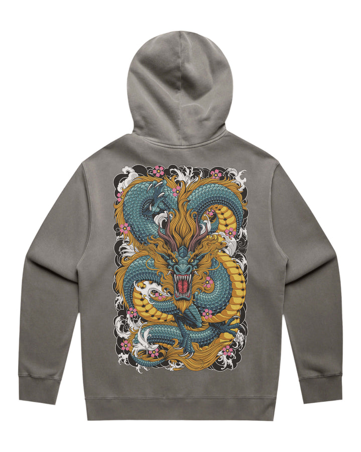 A gray pullover hoodie shown from the back, featuring a large, detailed graphic of a Japanese-style dragon in blue, gold, and pink with white waves and black outlines.