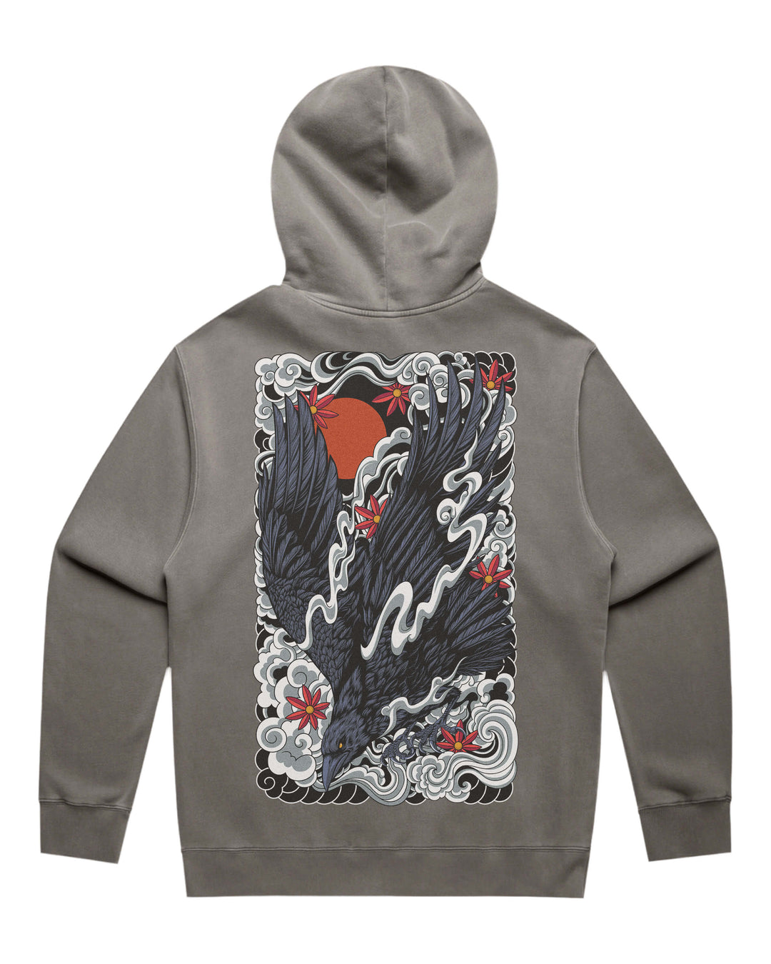 A faded gray pullover hoodie shown from the back, featuring a large graphic print of a black raven with red maple leaves and a red sun over white waves.