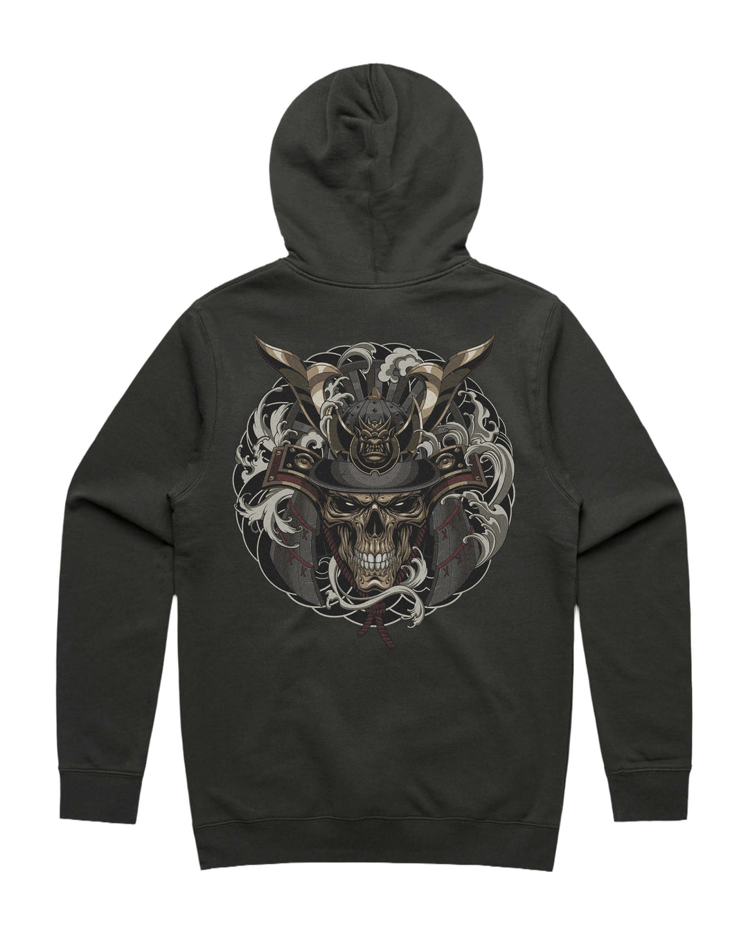 A dark charcoal gray hoodie shown from the back, featuring a large graphic print of a skull wearing a kabuto helmet with swirling smoke details.