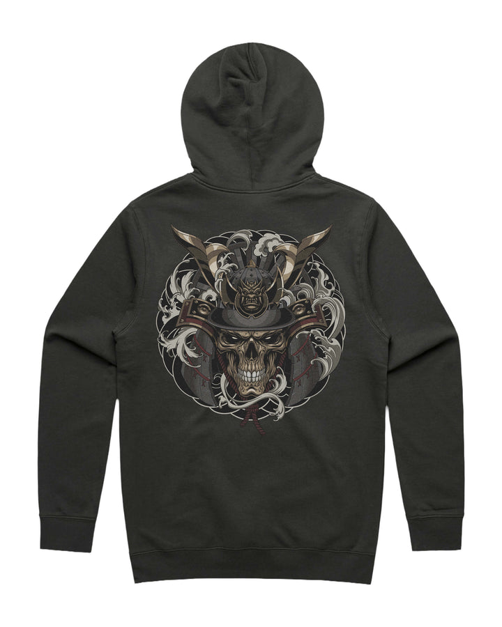 A dark charcoal gray hoodie shown from the back, featuring a large graphic print of a skull wearing a kabuto helmet with swirling smoke details.