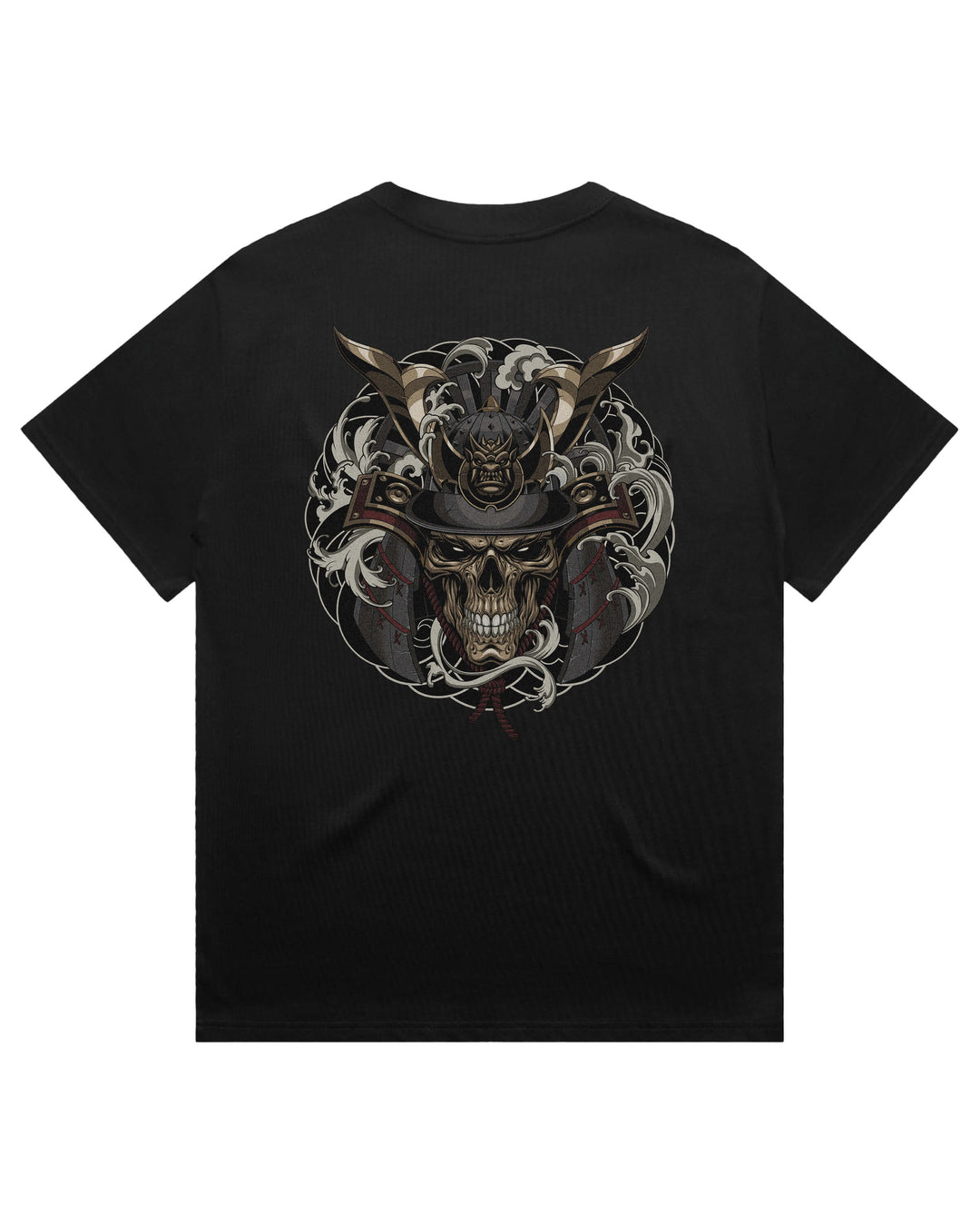 A black short-sleeve t-shirt with a large graphic print on the back featuring a samurai skull surrounded by irezumi smoke and red accents.
