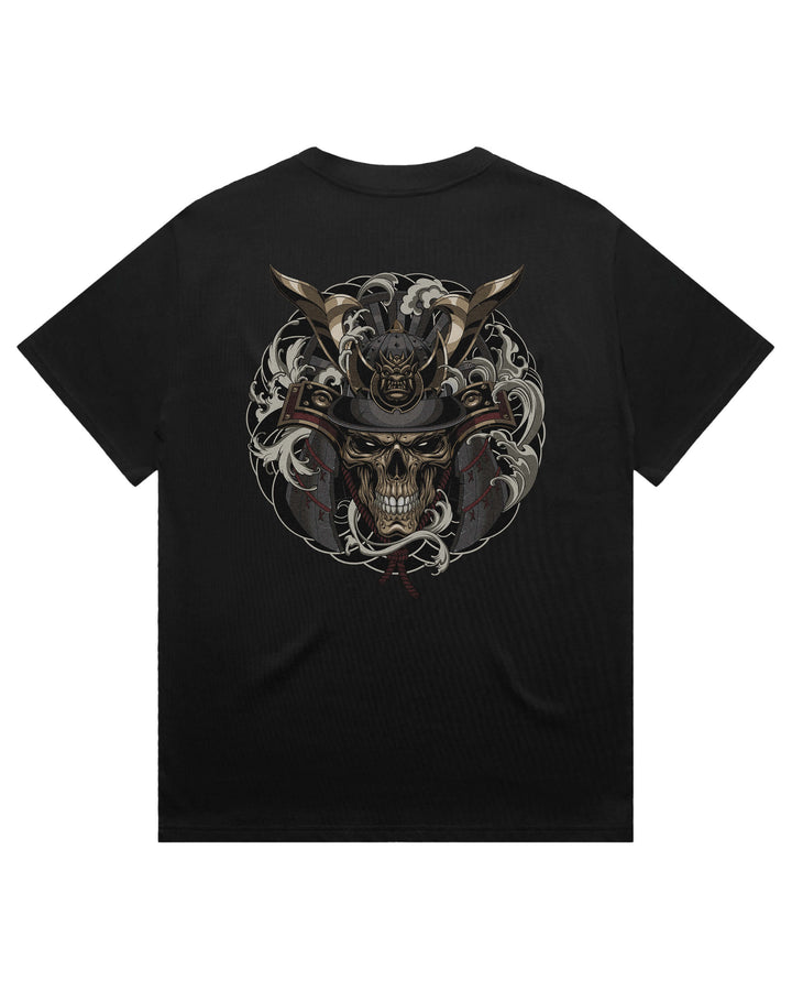 A black short-sleeve t-shirt with a large graphic print on the back featuring a samurai skull surrounded by irezumi smoke and red accents.