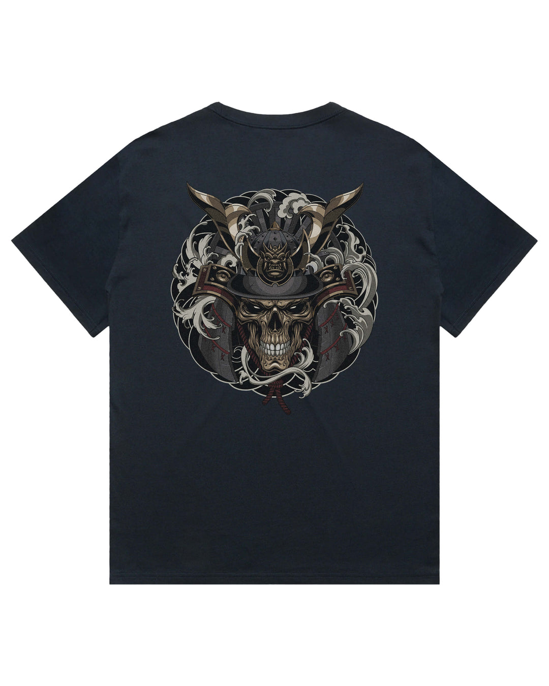 A dark navy blue short-sleeve t-shirt shown from the back, featuring a large, detailed graphic print of a skull wearing a samurai helmet and surrounded by Irezumi smoke.